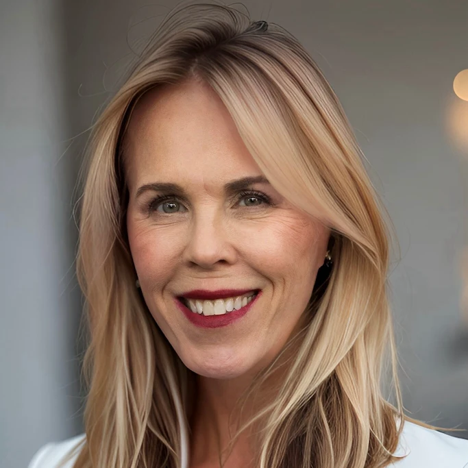 Blonde woman with shoulder-length hair smiling, wearing a white blazer, against a neutral blurred background.