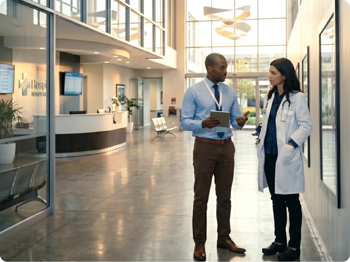 A male hospital staff member in a blue shirt and tie holding a tablet talks to a female doctor wearing a white coat and stethoscope in a modern hospital lobby with seating and reception desk.