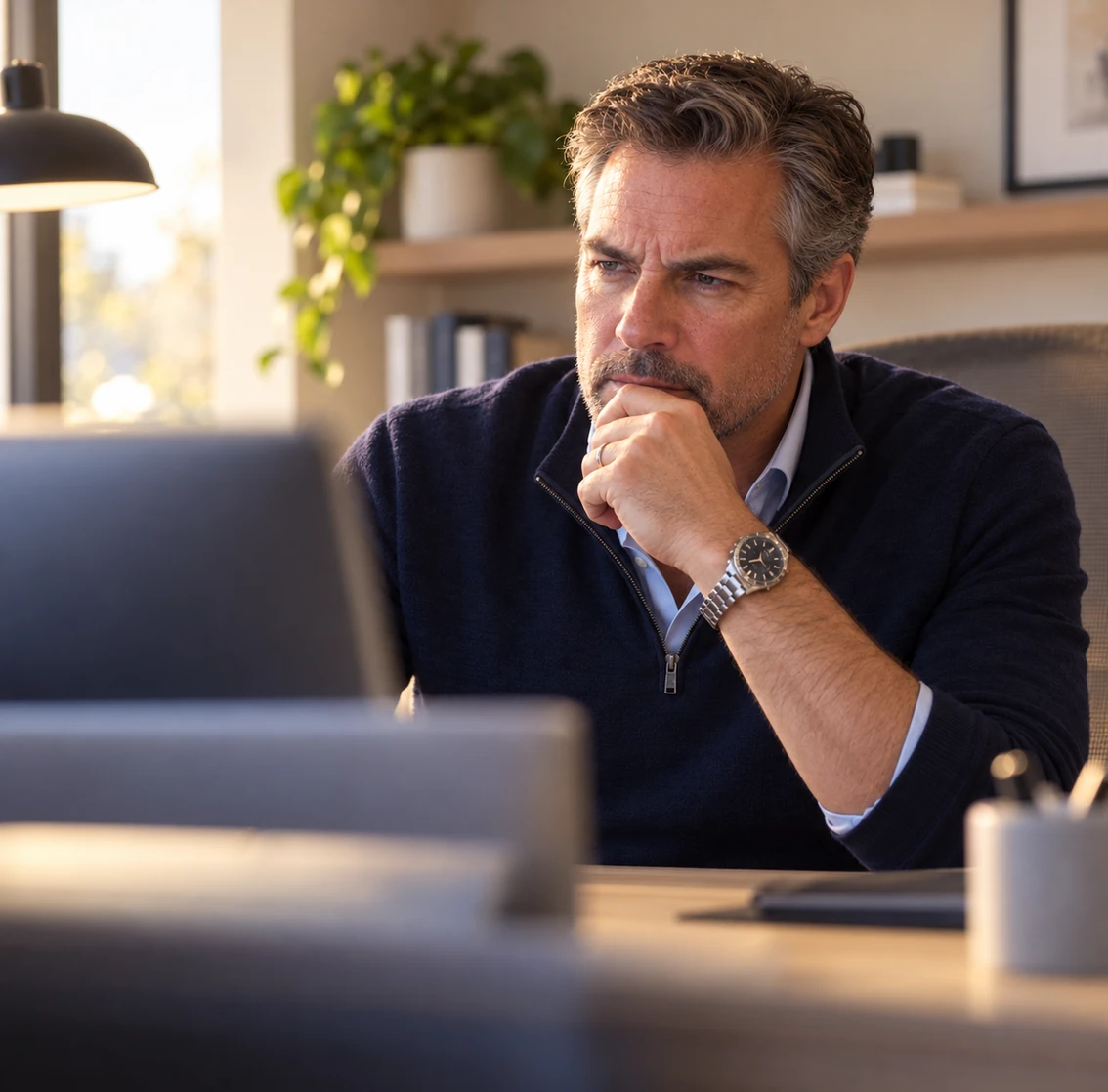 A sales director assessing team readiness at his desk