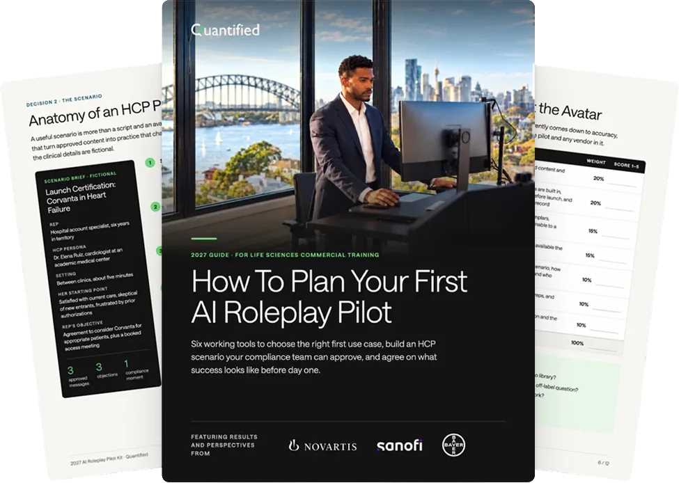 Pages from How To Plan Your First AI Roleplay Pilot, including the vendor evaluation scorecard