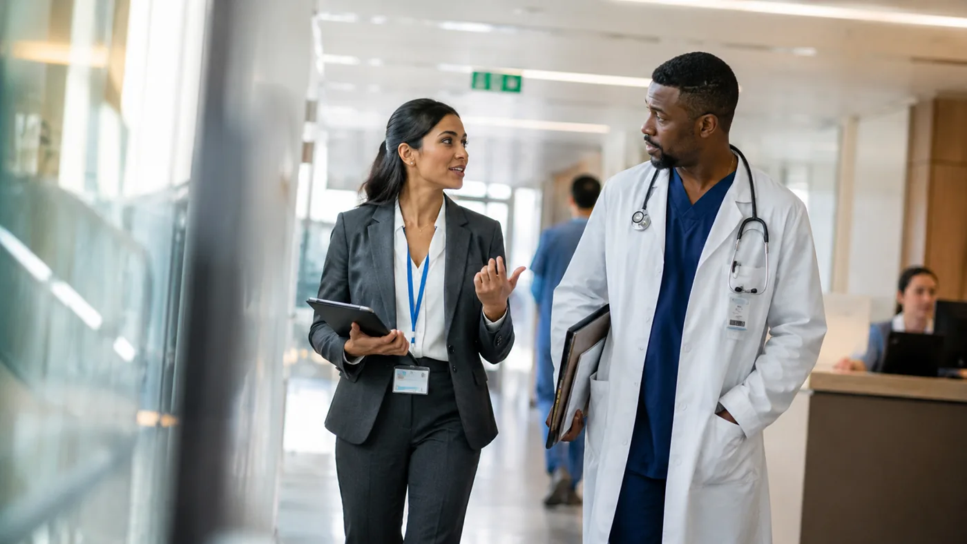 A pharmaceutical sales rep and a physician talking as they walk a hospital corridor