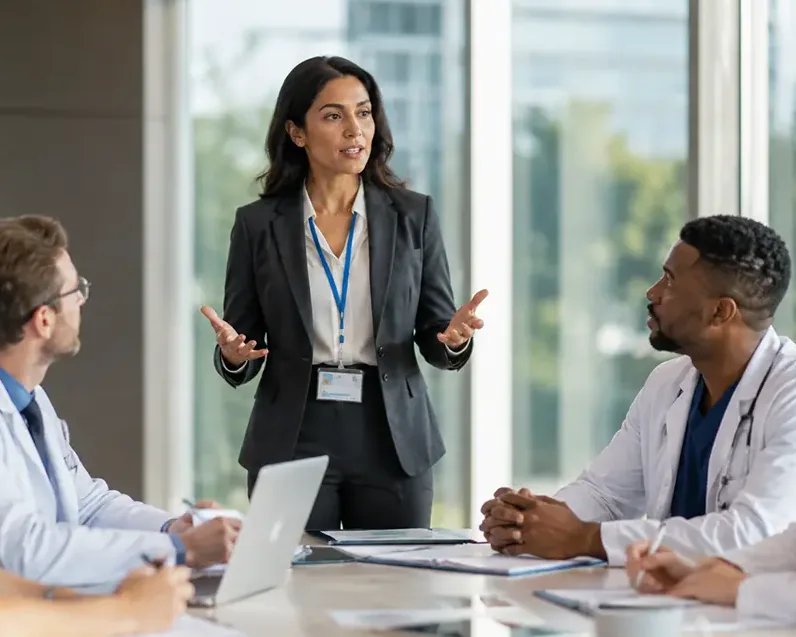 A confident pharma rep leading a conversation with a table of physicians and nurses