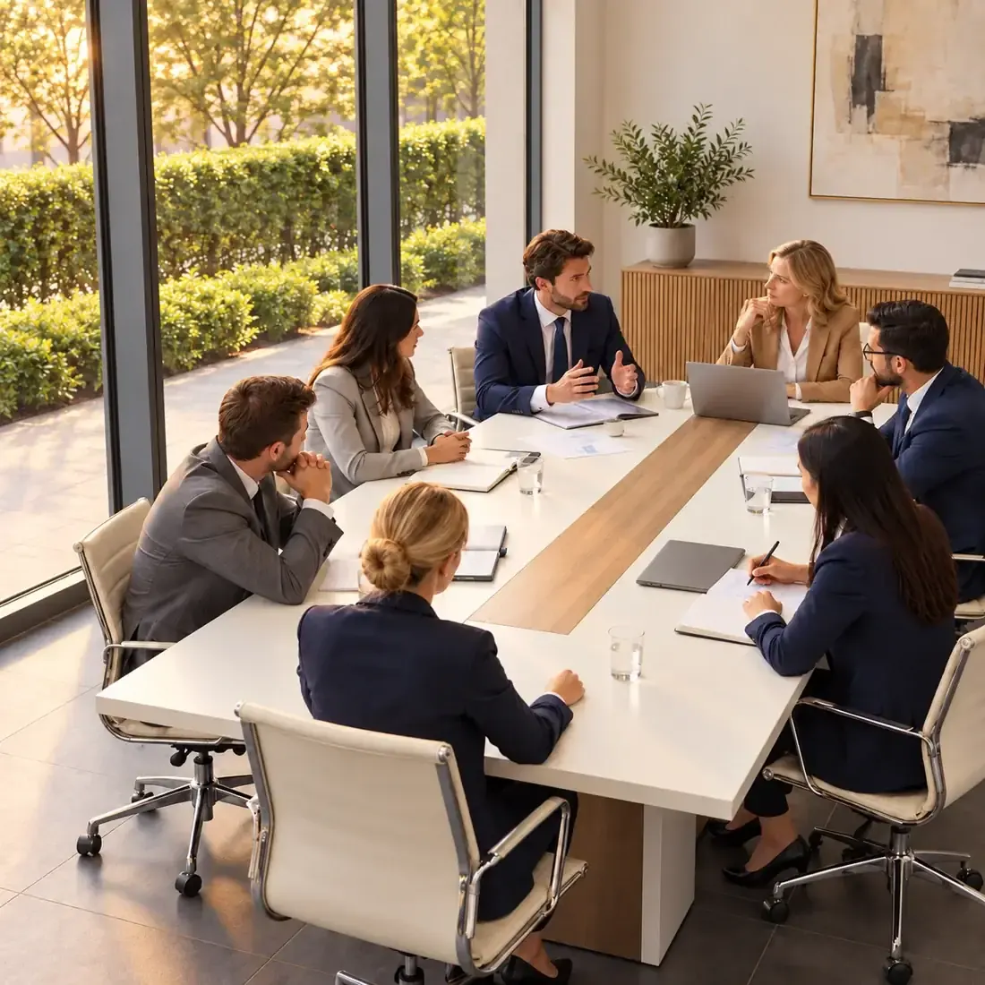 A services team planning a program rollout around a conference table