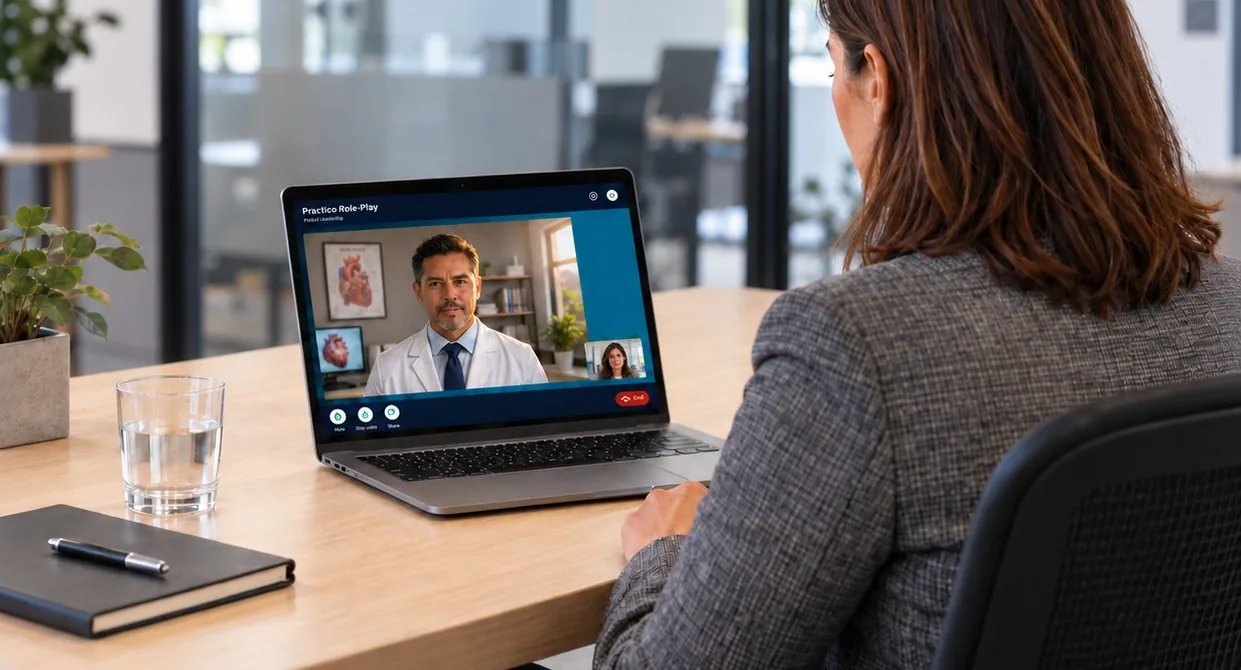 A rep practicing an AI roleplay session with a physician persona on her laptop