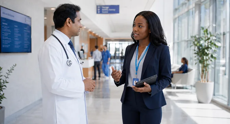 A rep speaking with a physician in a hospital lobby