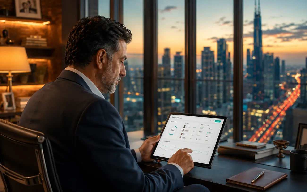 A commercial leader reviewing program results on a tablet in the evening