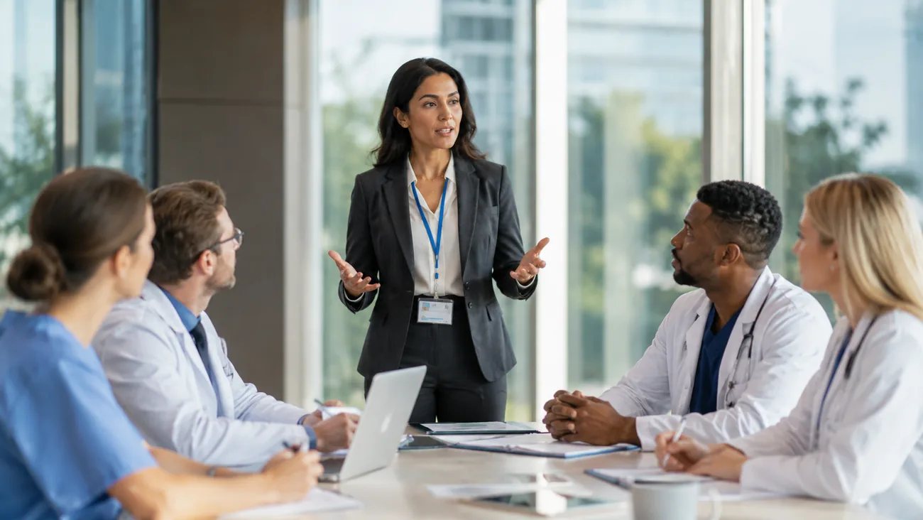 A pharma rep leads a discussion with a team of physicians
