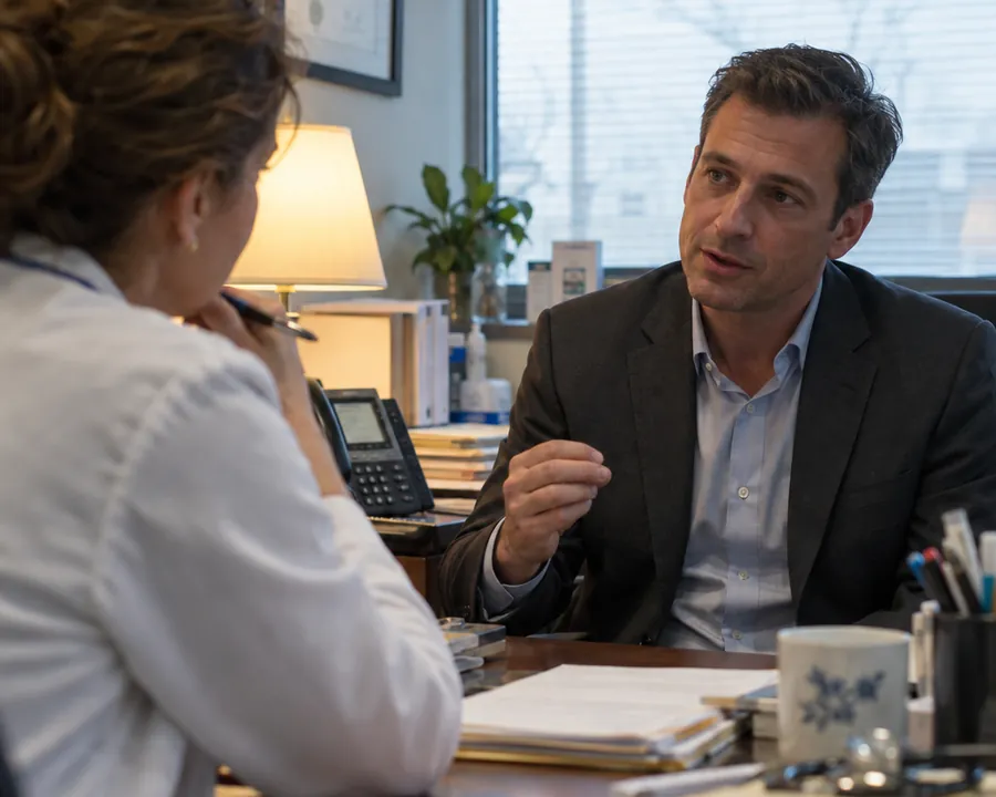 A medical science liaison explaining clinical data across a physician’s office desk