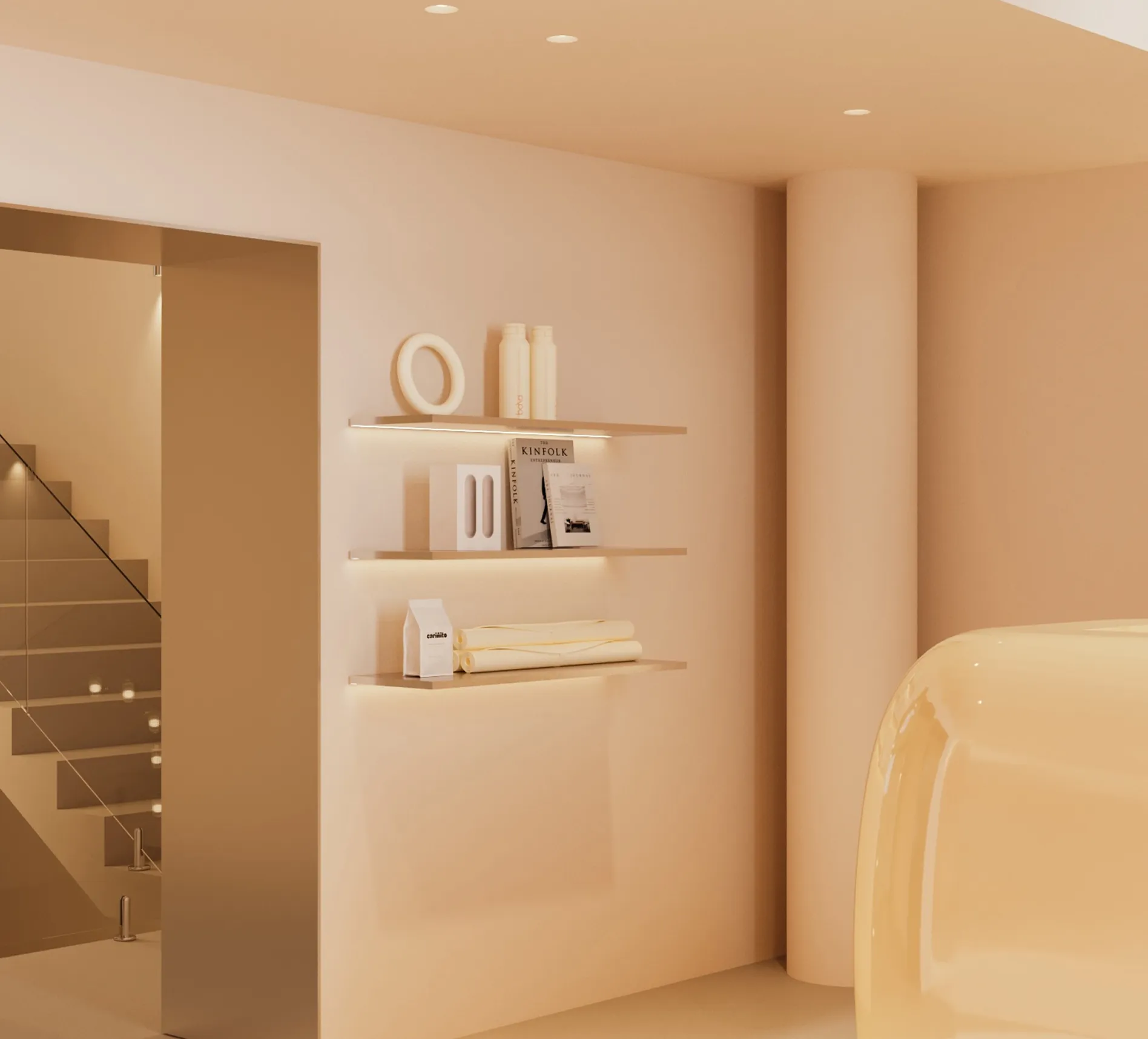 Minimalist beige room with three floating shelves holding decorative items, books, and rolled towels next to a staircase with glass railing.