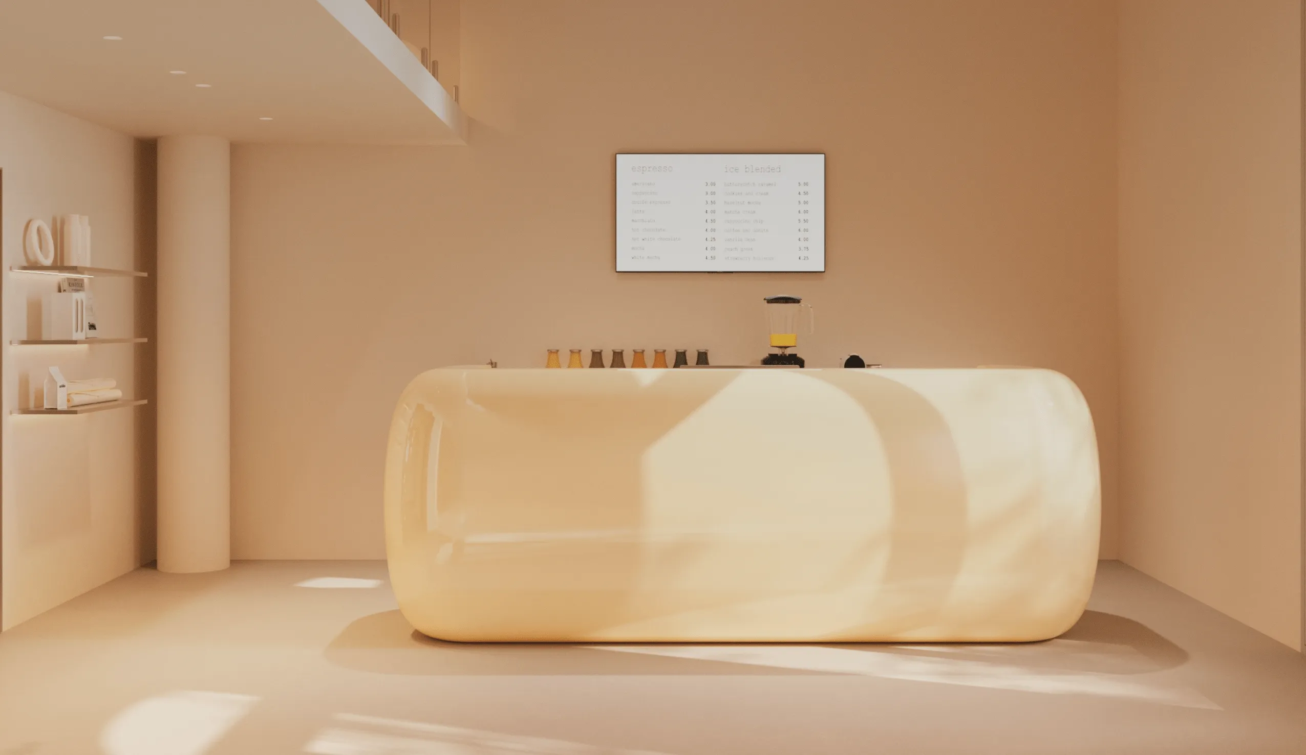 Minimalist coffee shop interior with a smooth, cream-colored rounded counter, a blender, and a menu on the wall.