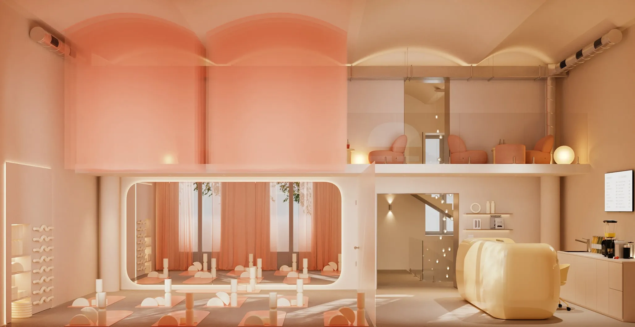 Modern yoga or fitness studio with peach-colored exercise mats and geometric props, large mirror wall, curved balcony with seating, and a reception desk.