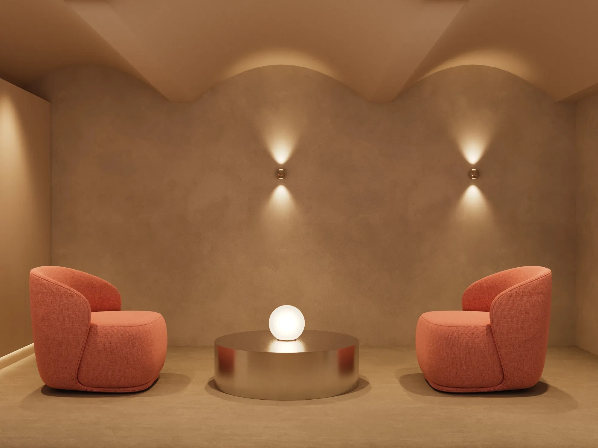 Minimalist room with two coral-colored armchairs facing a round metallic coffee table topped with a glowing spherical lamp, soft wall sconces cast warm light.