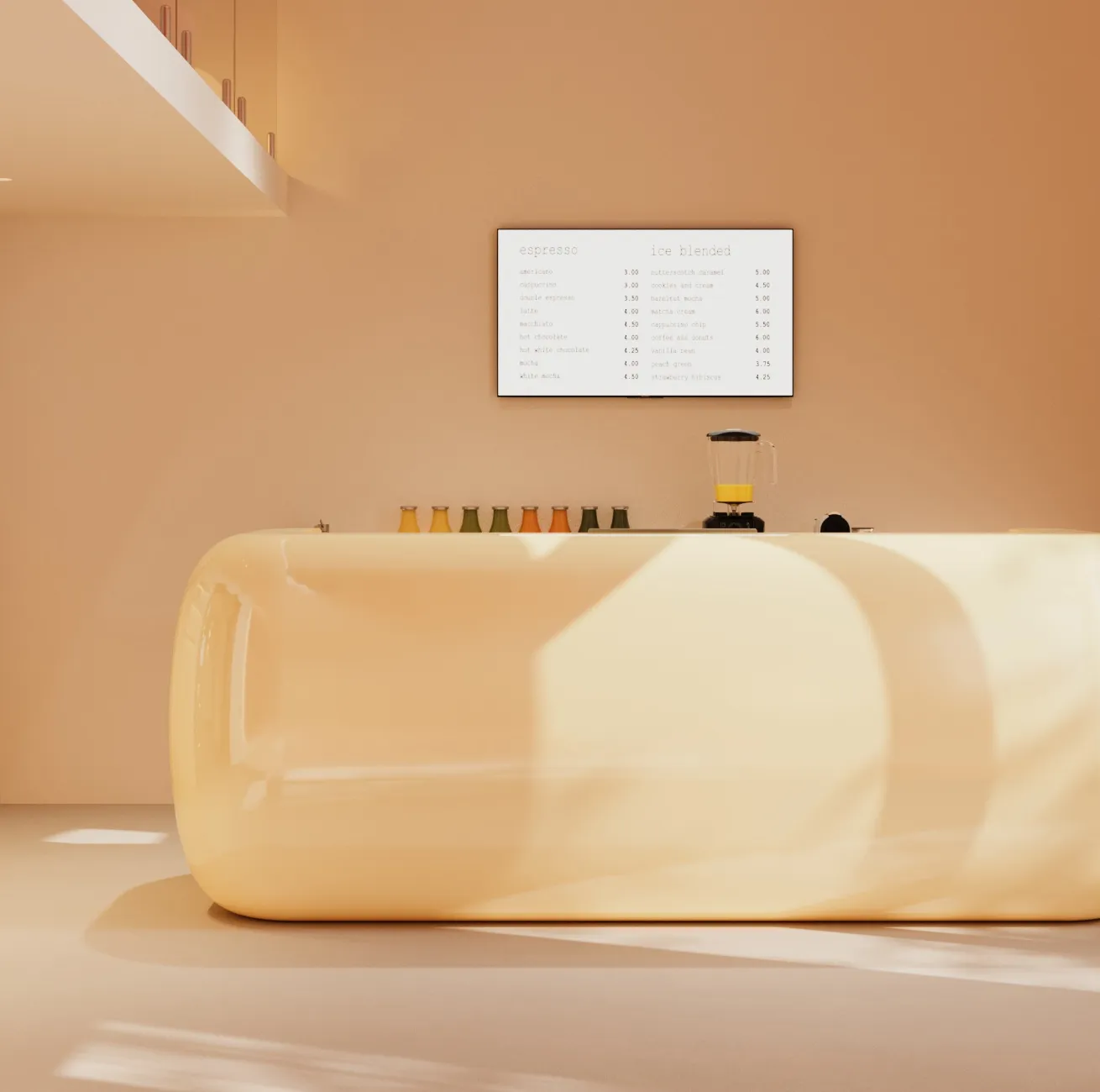 Minimalist cafe counter with a glossy beige finish, bottles of juice, a blender with orange liquid, and a white menu board on the beige wall.