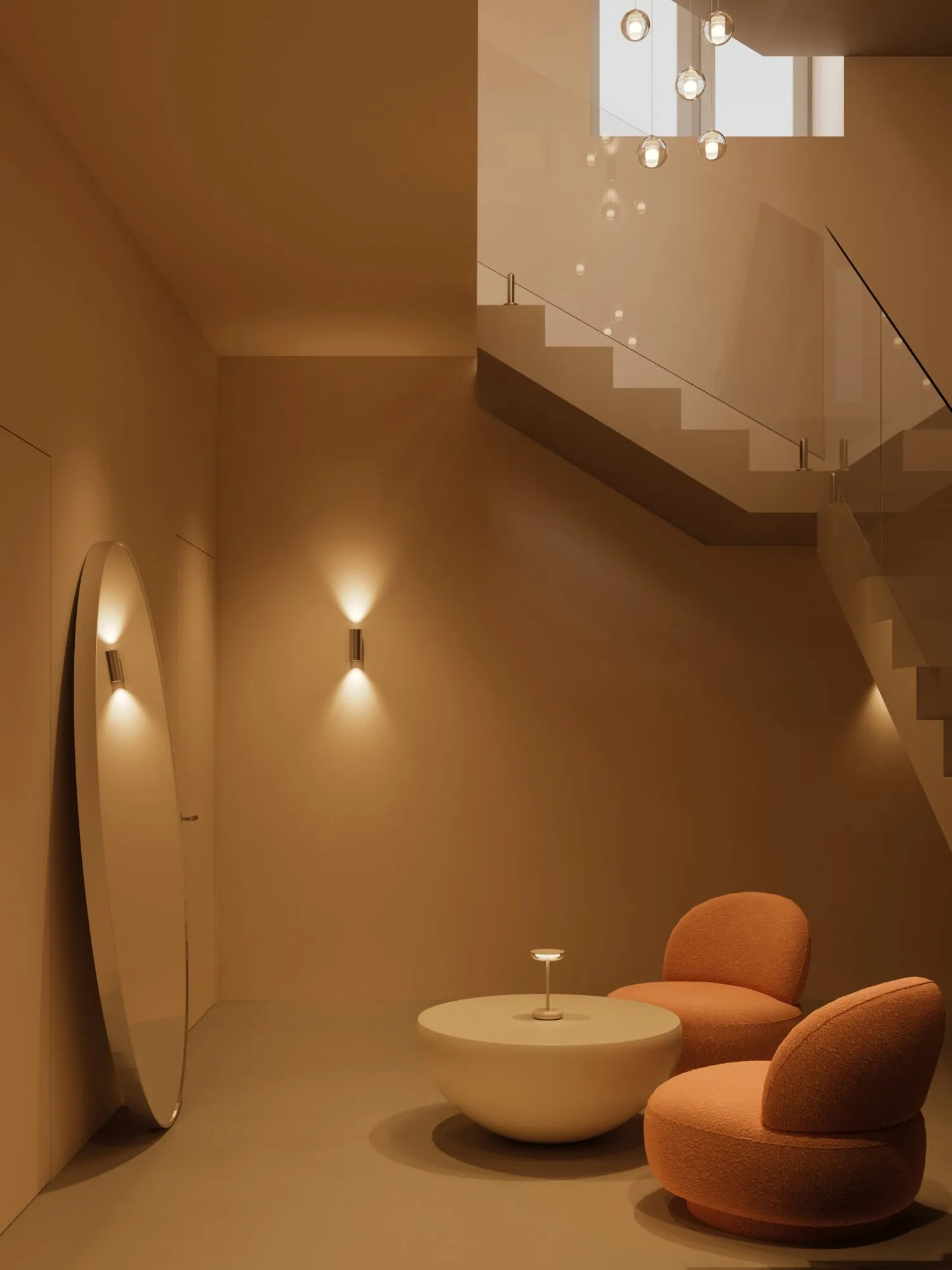 Cozy modern seating area with two rounded orange chairs, a low beige coffee table, large oval mirror, and floating staircase with glass railing.