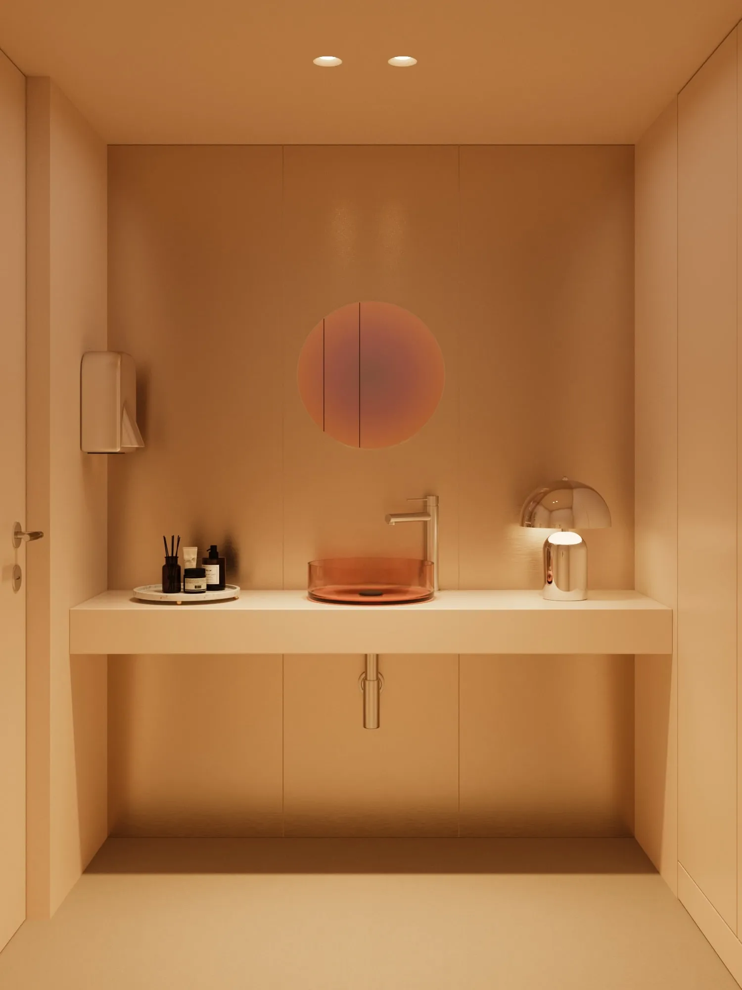 Minimalist modern bathroom with a floating white vanity, round translucent orange sink, metallic faucet, round mirror, and a small metallic lamp.