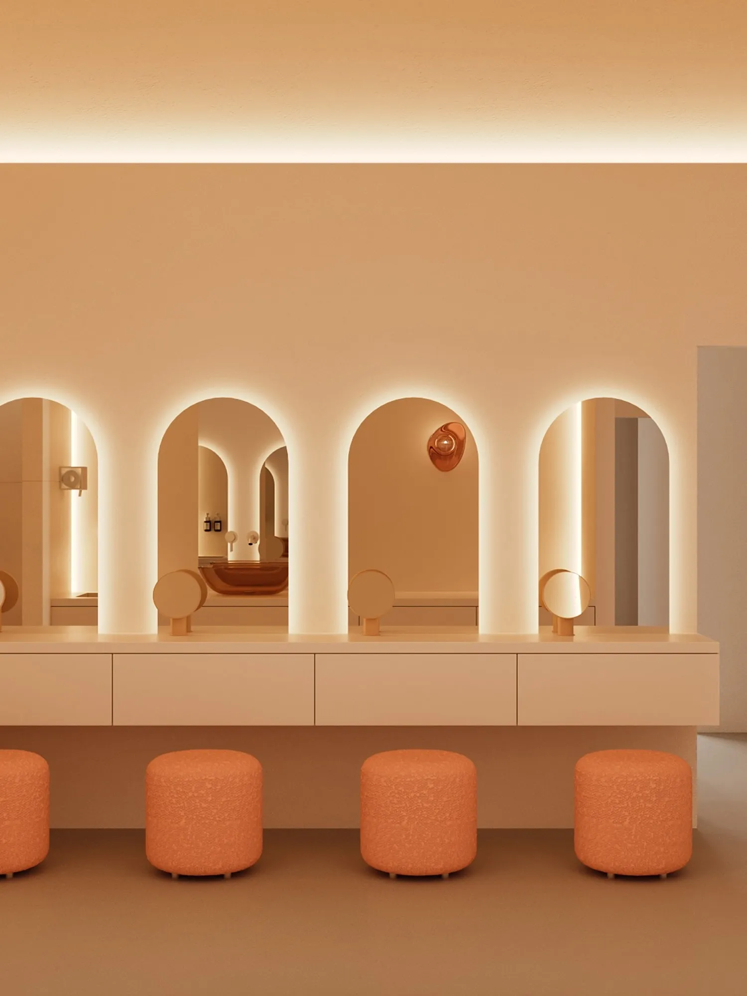 Modern vanity area with four illuminated arched mirrors, small round tabletop mirrors, and four orange textured stools.