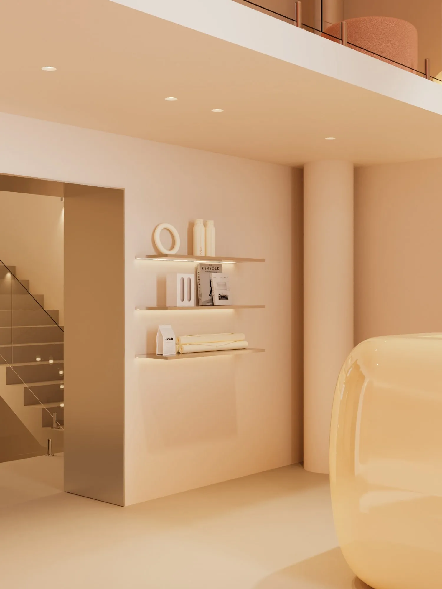 Minimalist interior with beige walls, floating shelves holding decorative items, and a glass staircase.