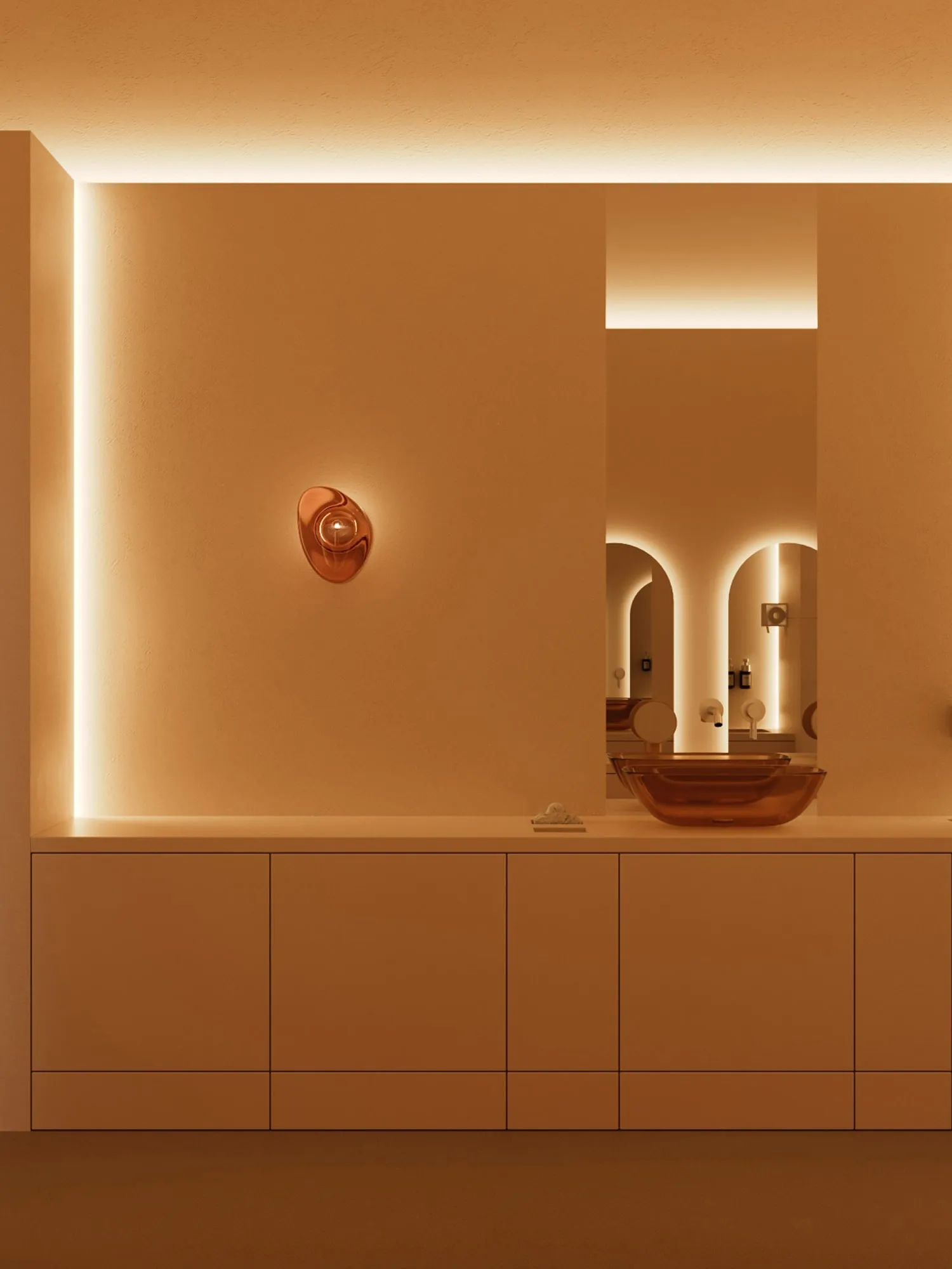 Minimalist bathroom vanity with a brown glass sink, backlit mirror, and soft warm lighting.