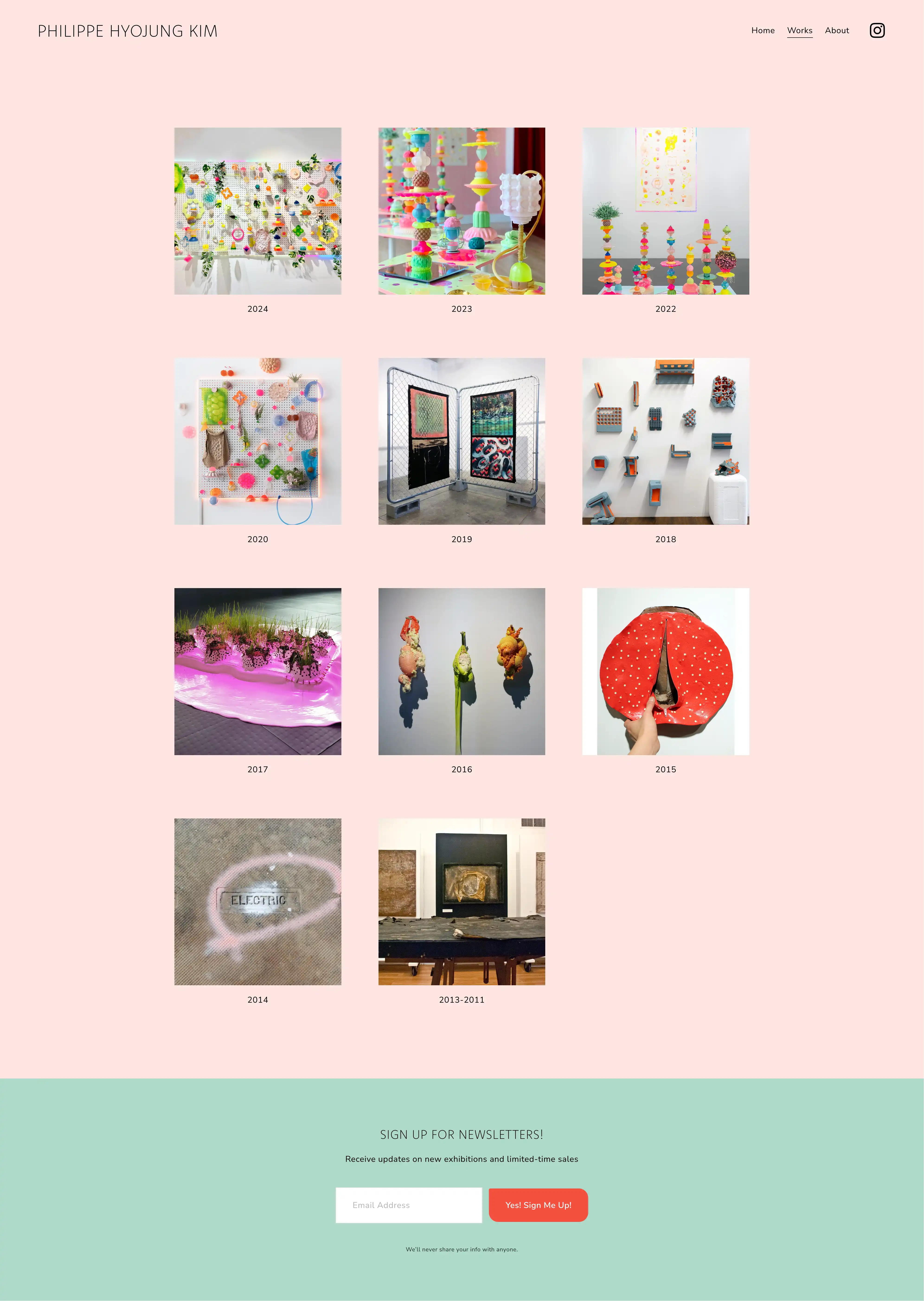 The Works section for philippepirrip.com, featuring a simple grid layout to display collections of artworks by year..