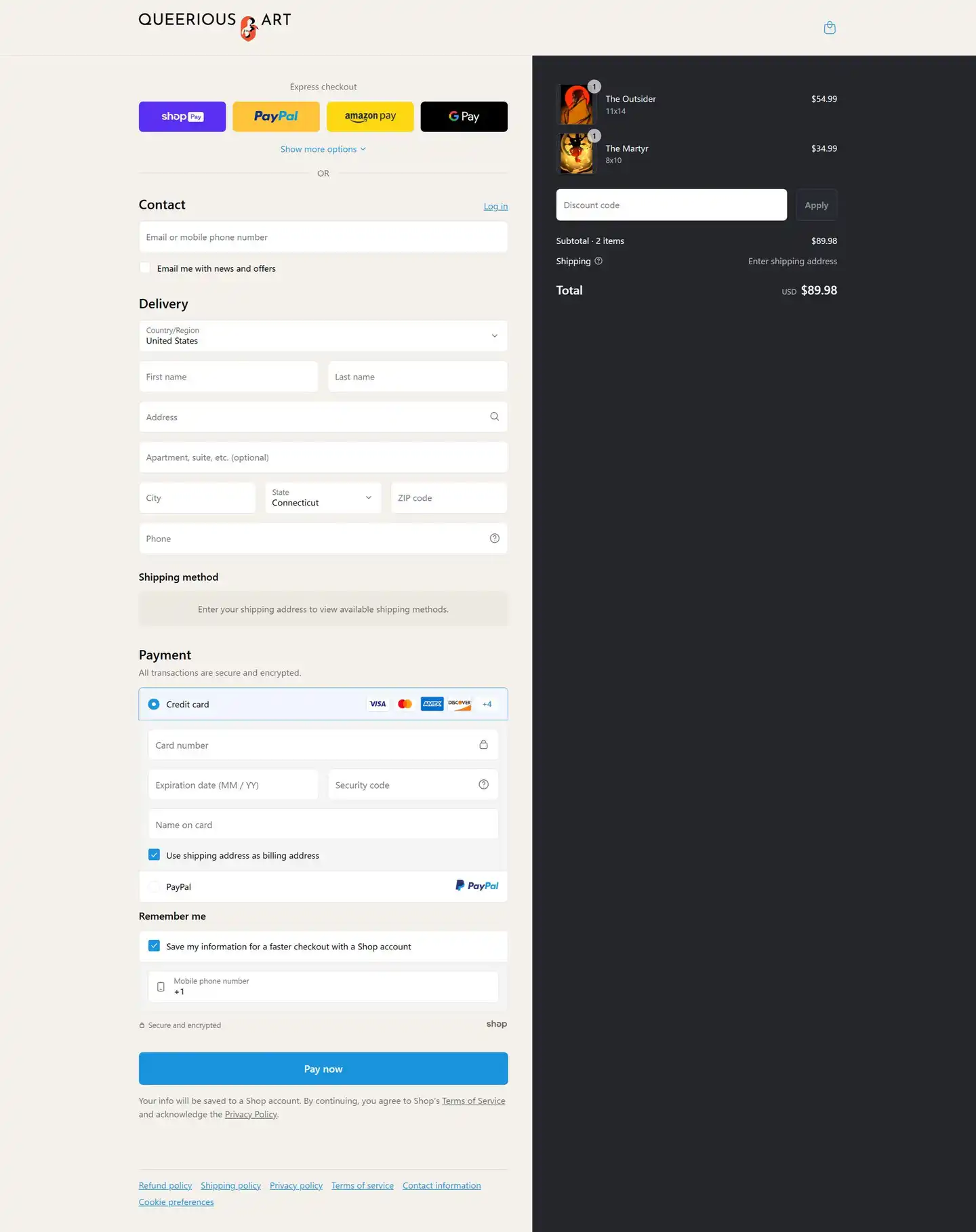 Checkout page for the artist's new online storefront.