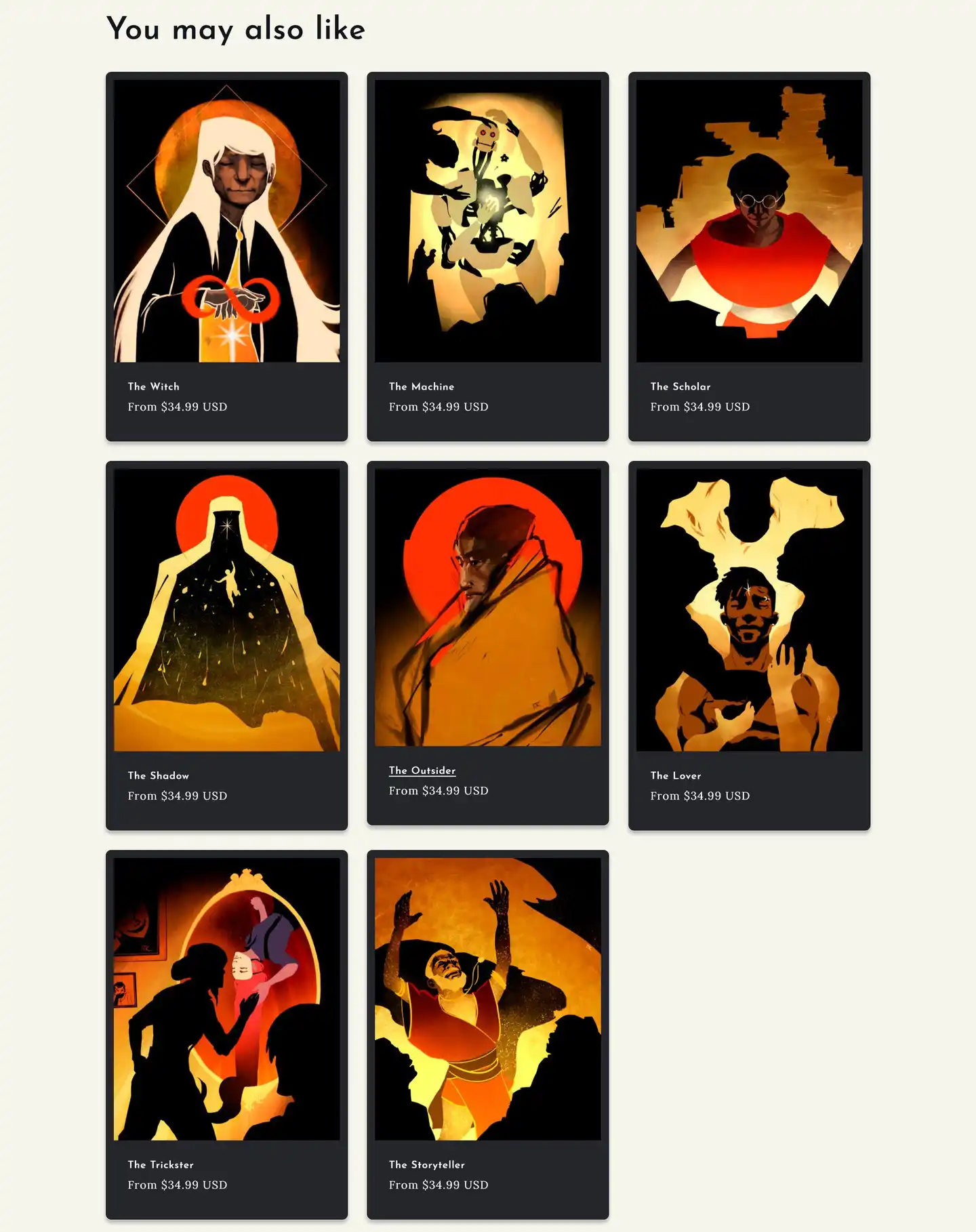 Product collection page, featuring all of the illustrator's artworks for sale.