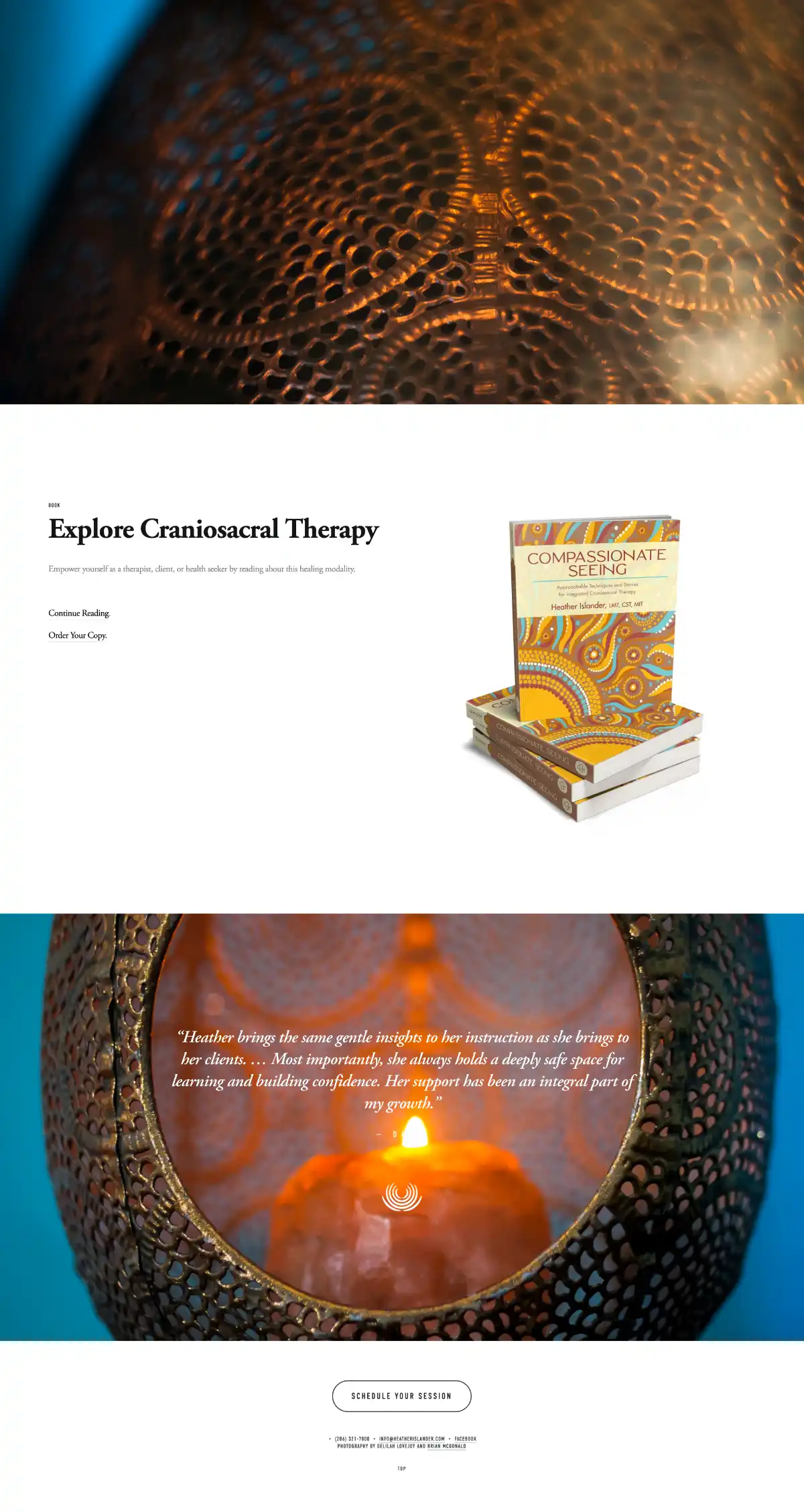 Client's website after working with Story First. The bottom half of the home page shows soft, warm photos of ornate lanterns, with small section for a featured product.