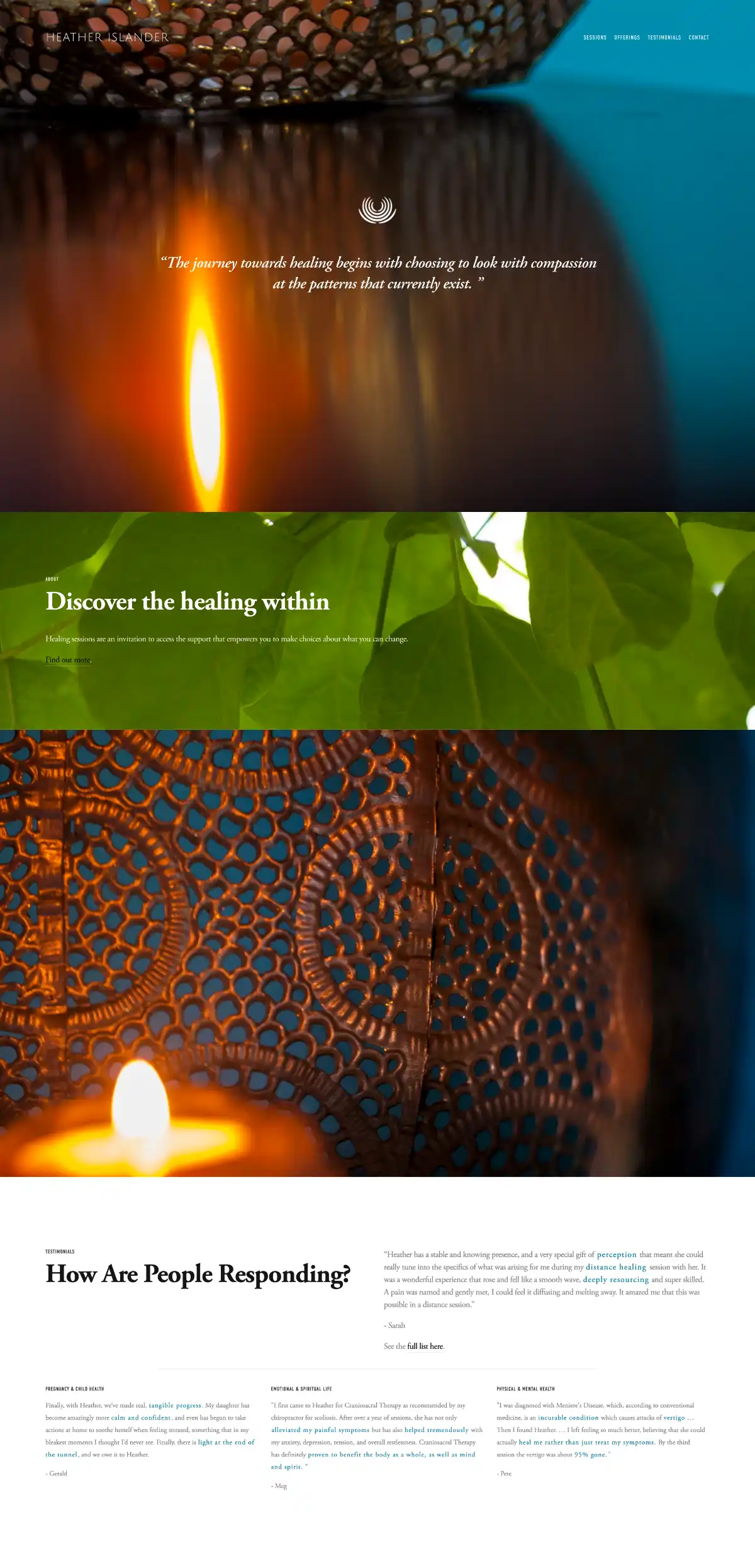 Client's website after working with Story First. The bottom half of the home page shows soft, warm photos of ornate lanterns, with a minimalist logo and menu.