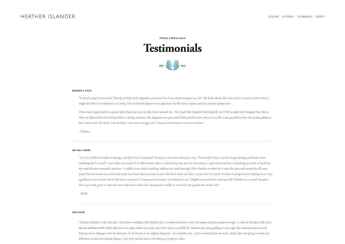 Testimonials section of heatherislander.com