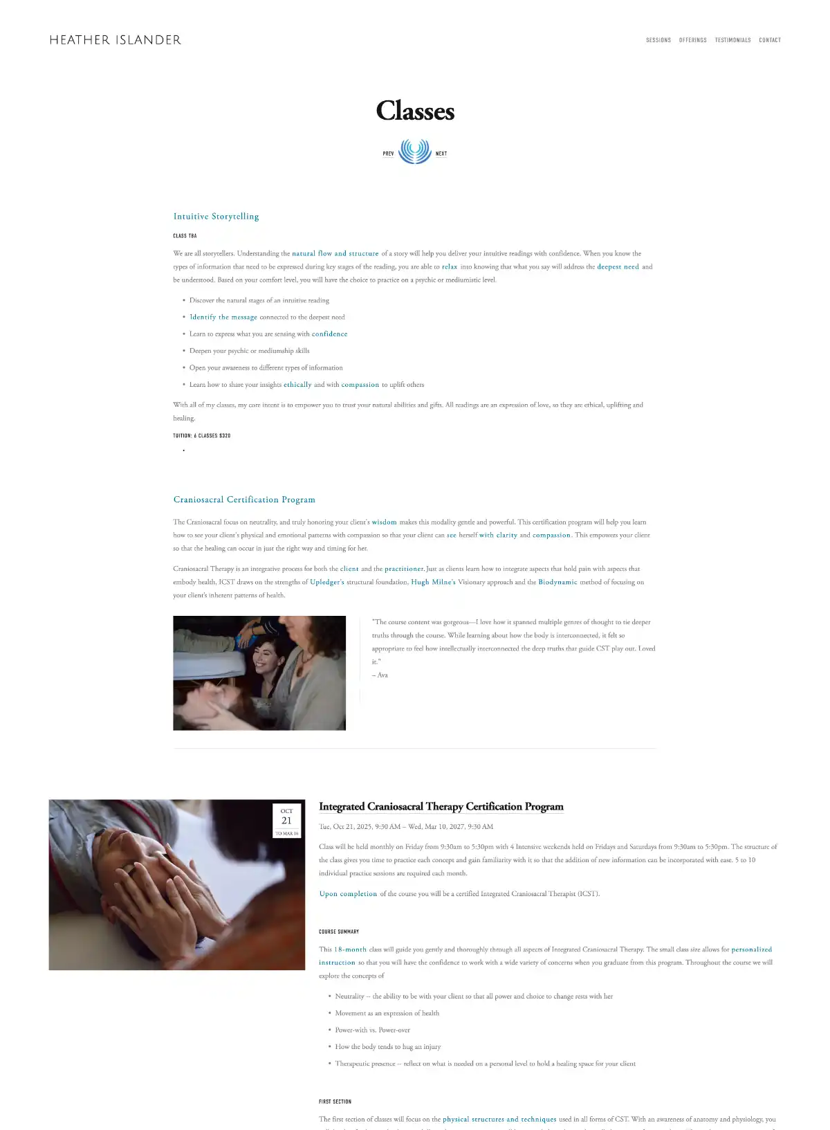 Class and Workshop booking page for heatherislander.com