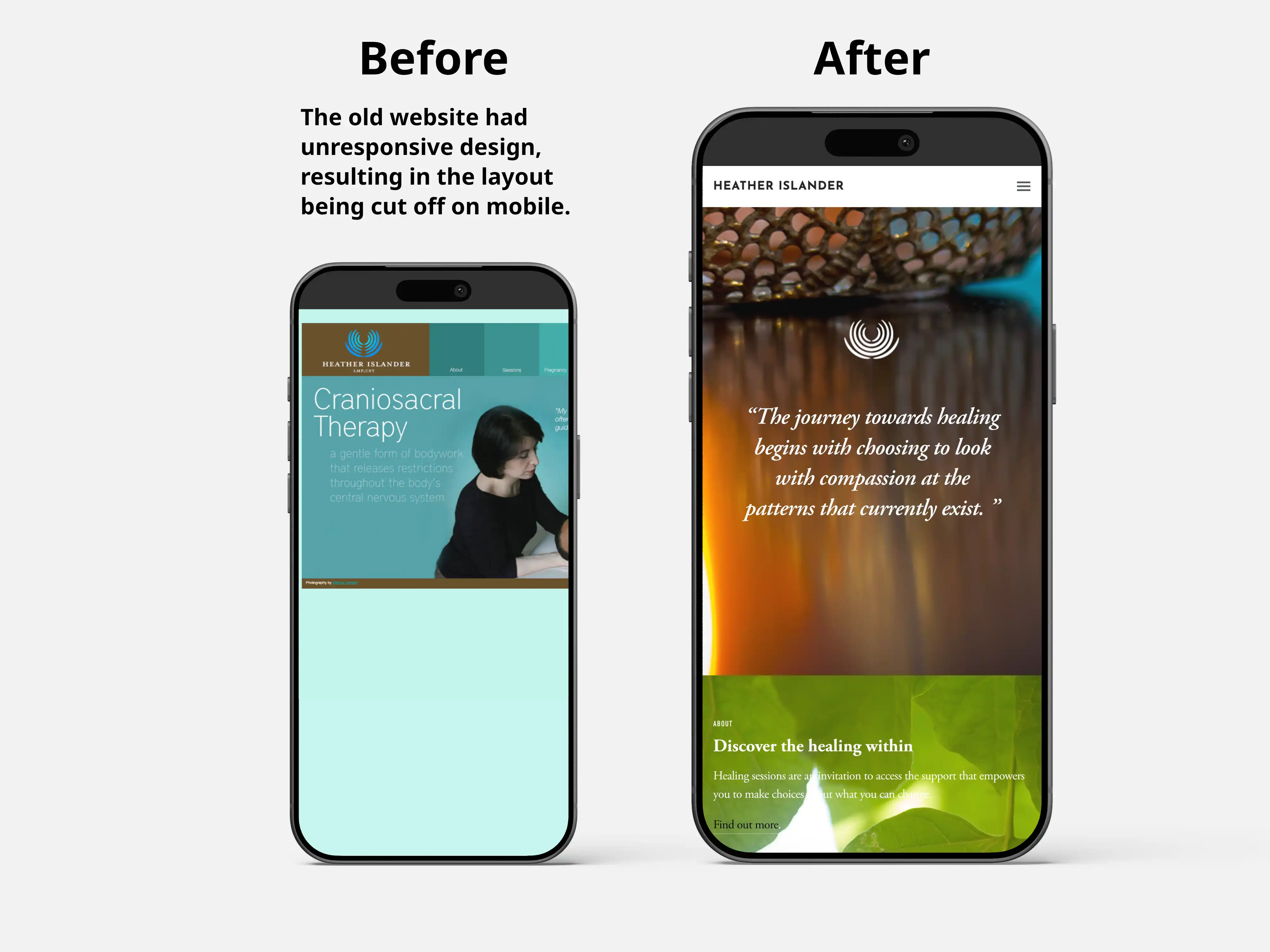 Before and after mockup of heatherislander.com