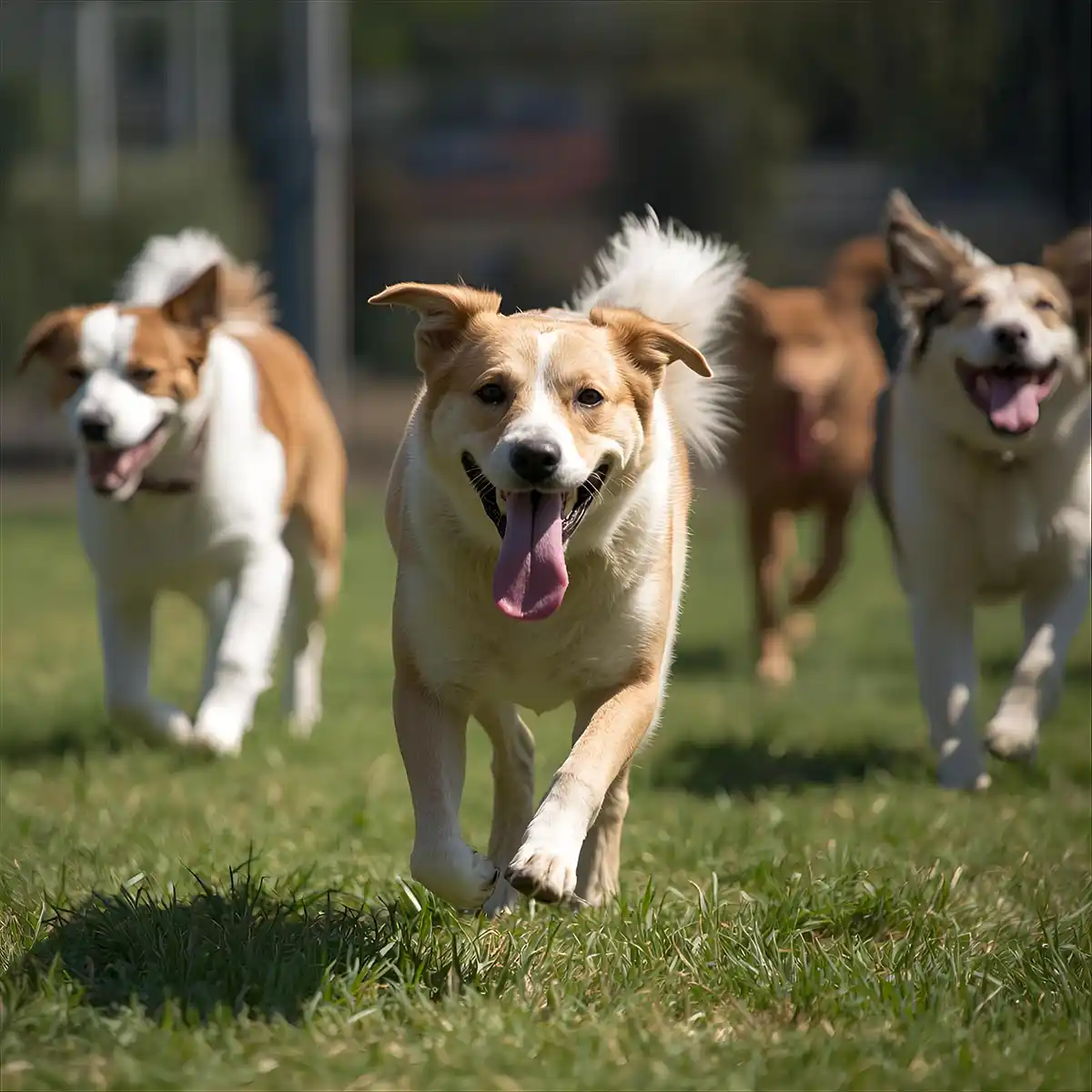 AI generated image of 4 dogs running towards the viewer