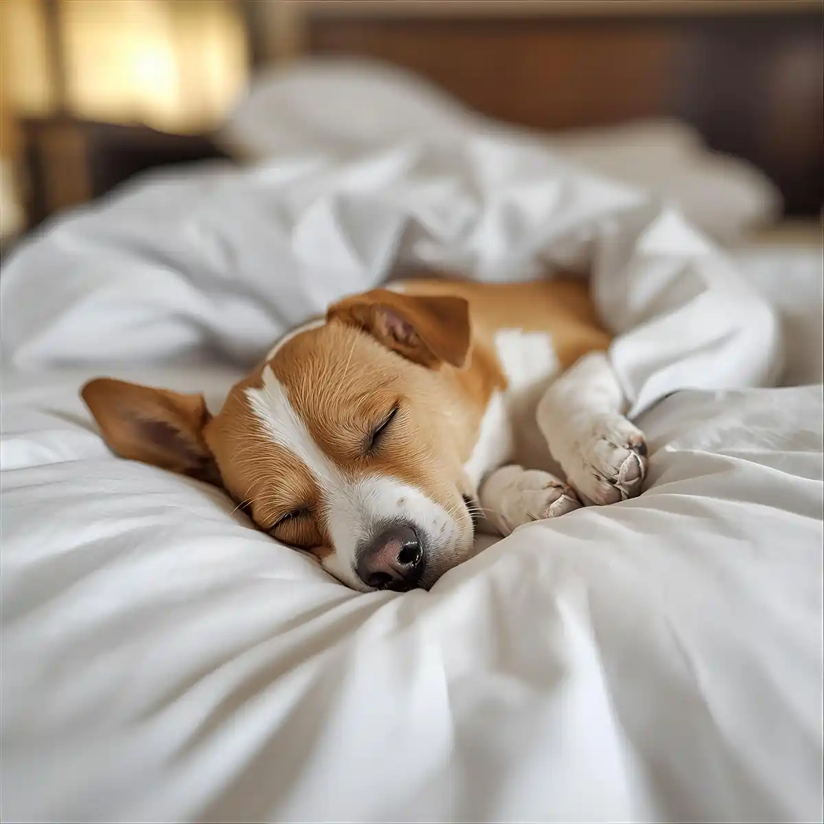 AI generated image of a dog sleeping in a bed with comfortable white sheets