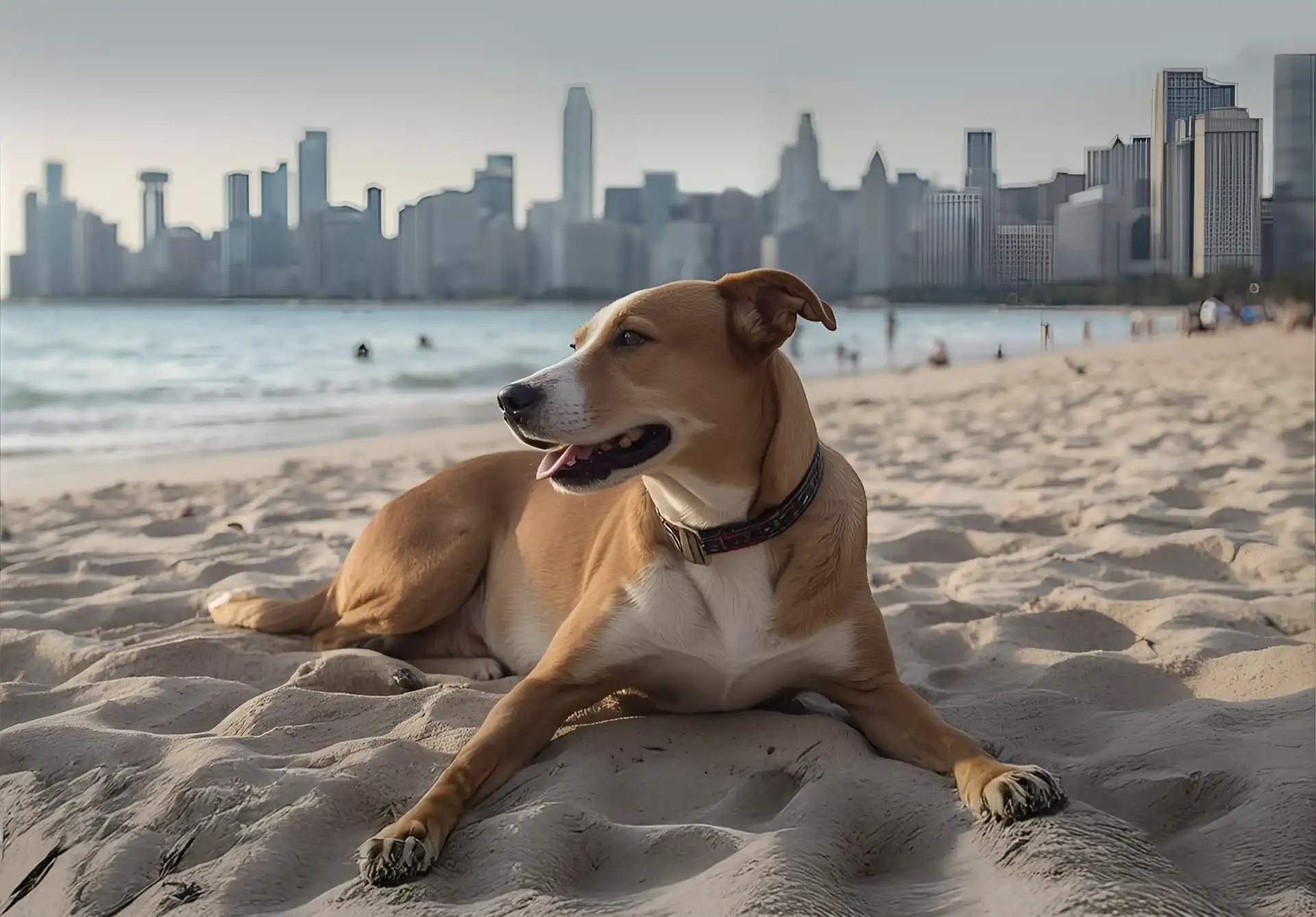 AI generated image of a dog on a sandy beach with water representing Lake Michigan in the background with a skyline of high rise buildings representing Chicago