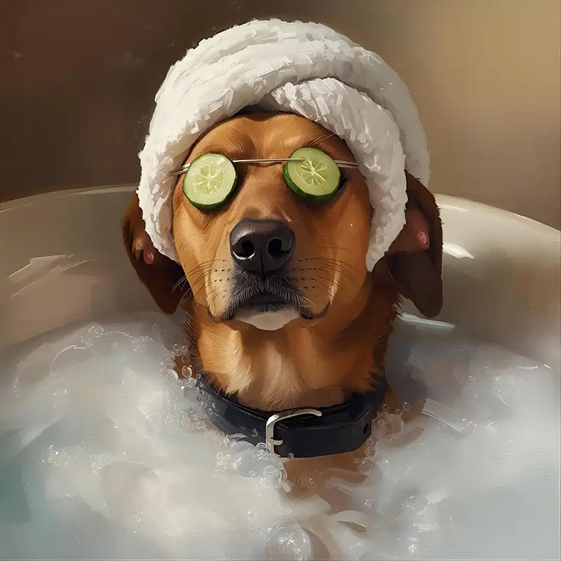 AI generated image of a dog in a spa tub with a towel on its head and cucumbers over its eyes