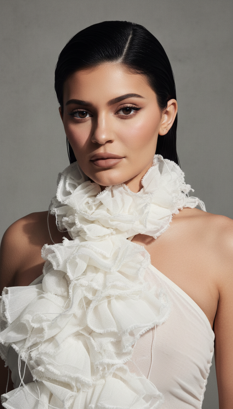 Medium portrait shot of Kylie Jenner’s Maison Margiela Spring/Summer 2026 outfit, focusing on the intricate white ruffles of the halter top and her slicked-back hair, neutral studio-style lighting, high-contrast fashion photography