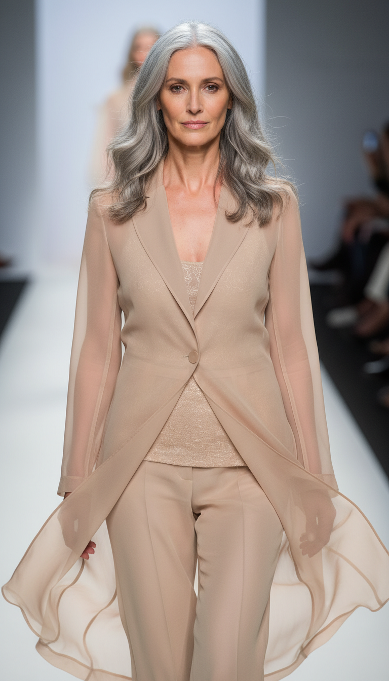 Close up of model Stephanie Cavalli walking the Chanel runway, wearing a nude chiffon suit with visible gray hair styled naturally, soft studio lighting hitting the delicate fabric