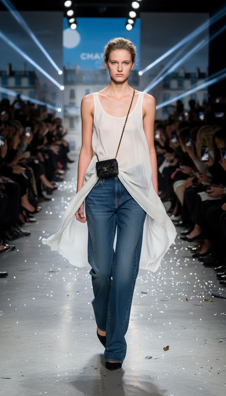 A pair of blue jeans and a white tank top made of silk mousseline on a Chanel runway, styled with a small quilted bag, high-fashion paparazzi lighting