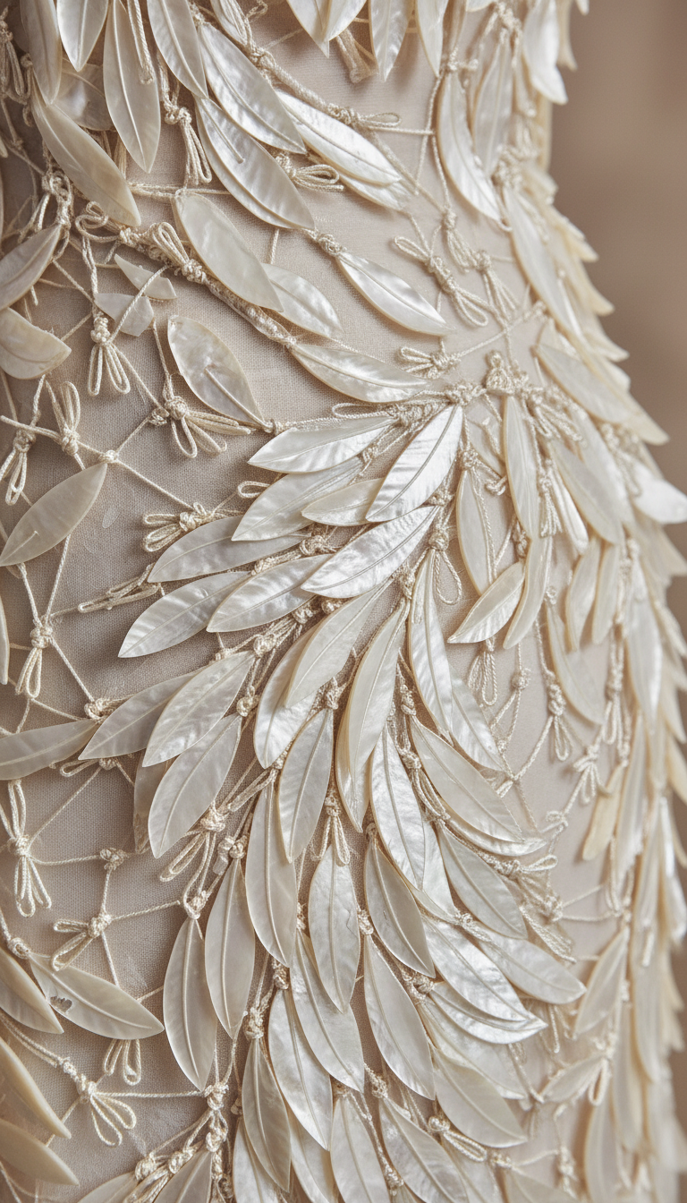 Detail shot of a Chanel couture garment showing intricate mother-of-pearl feathers and tiny silk knots on a sheer fabric, captured in a high-fashion editorial style
