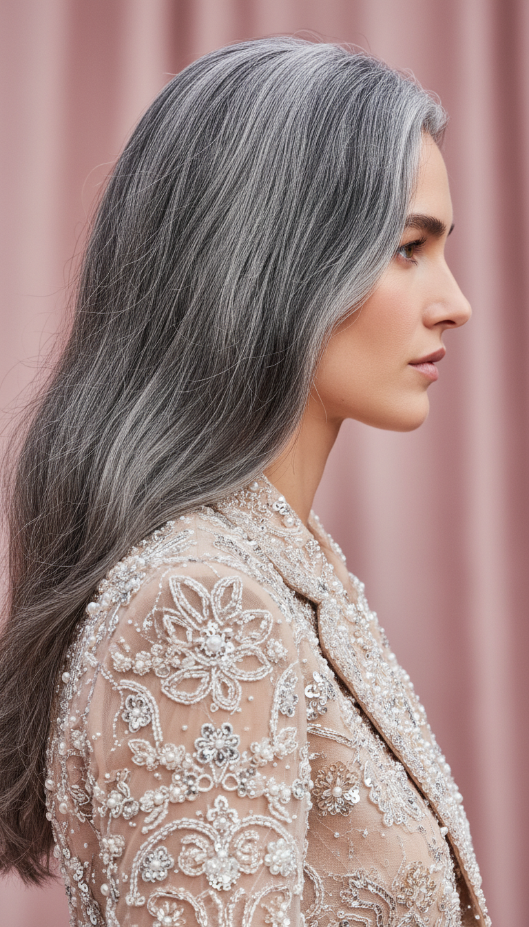 Portrait shot 9:16 of model Stephanie Cavalli from the side, focusing on the texture of her natural gray hair and the intricate beadwork of the Chanel nude chiffon suit. The lighting is crisp and highlights the silver tones in her hair against the soft pink background of the Grand Palais set.