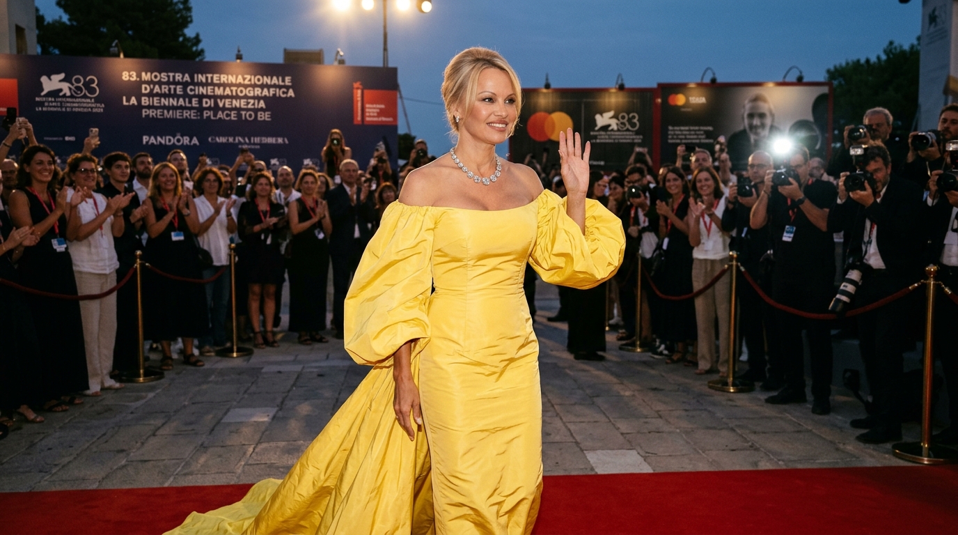 Pamela Anderson in Carolina Herrera at Venice Film Festival: A Study in Archival Yellow and Diamonds