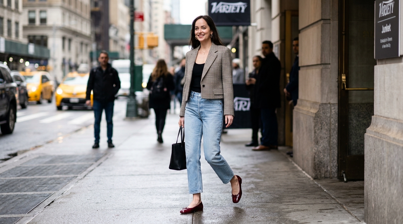 Dakota Johnson's Burgundy Ballet Flats: The Art of Transitional Dressing