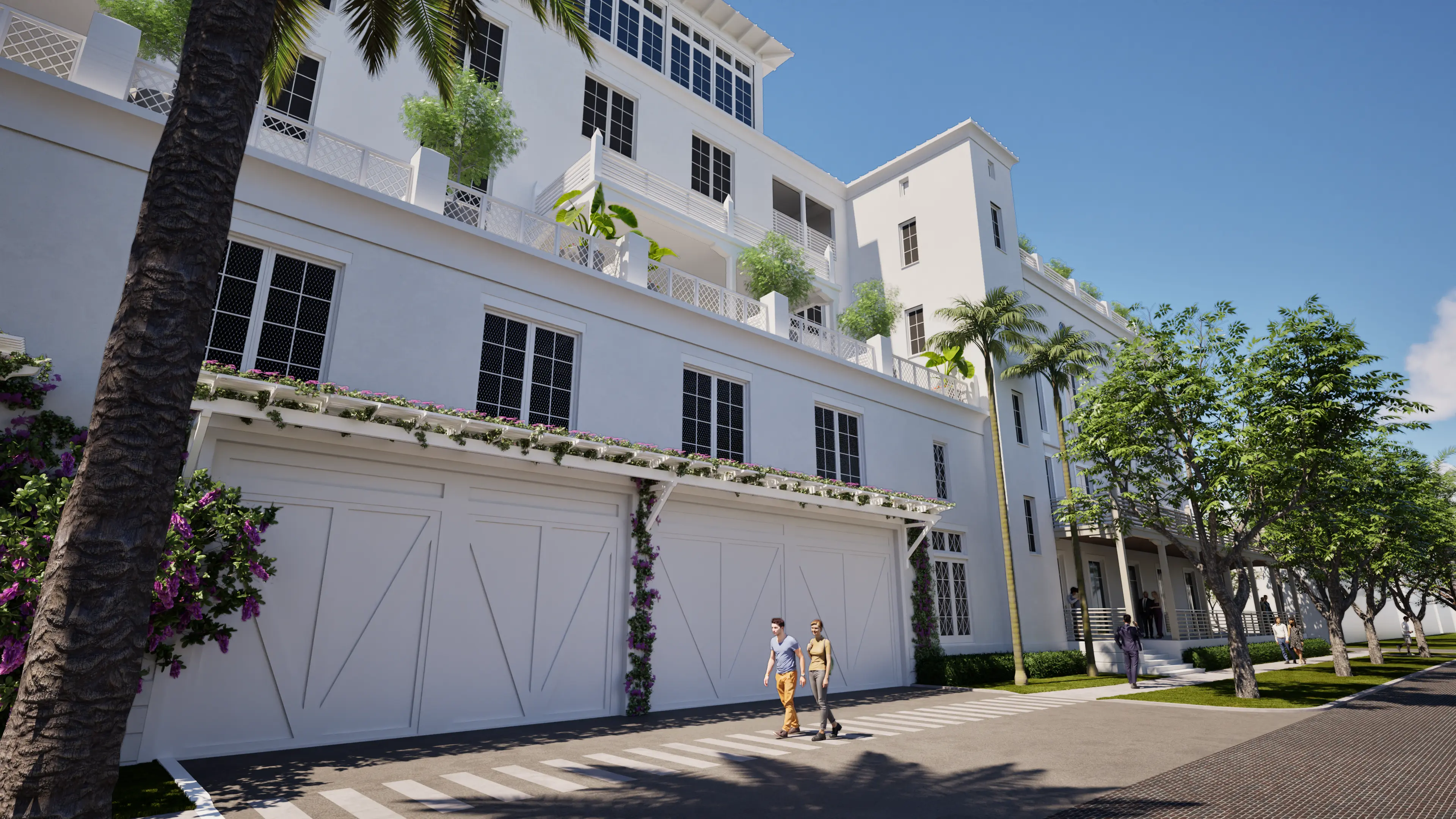 Exterior of Magnolia Hotel and garage doors on Bay St.