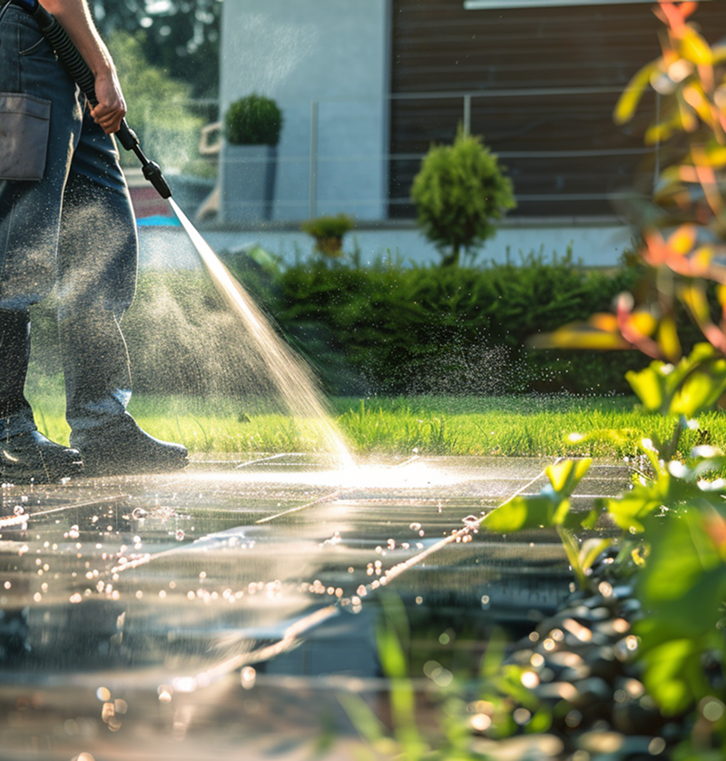 A man using a pressure washer and spraying his patio.
