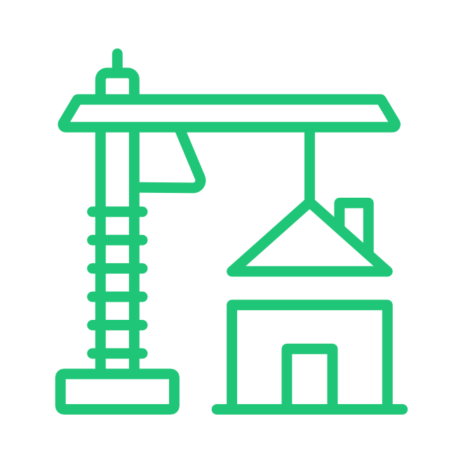 Green line art icon of a construction crane building a house, representing ground-up construction loans