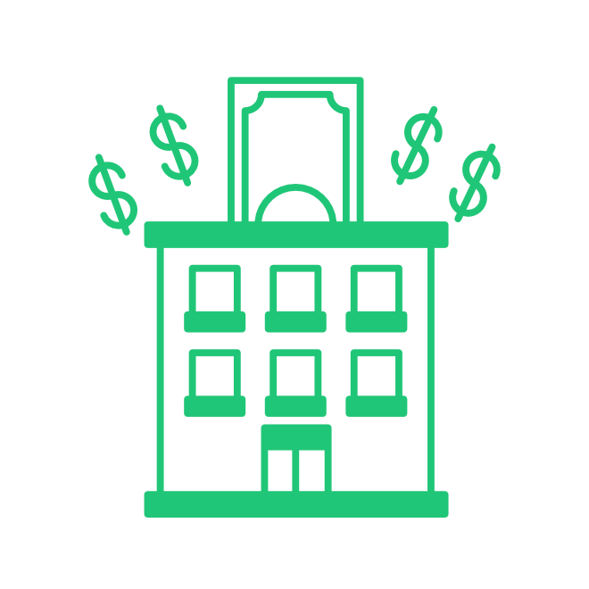 Green line art icon of a rental apartment building with dollar signs, for DSCR and rental property loans