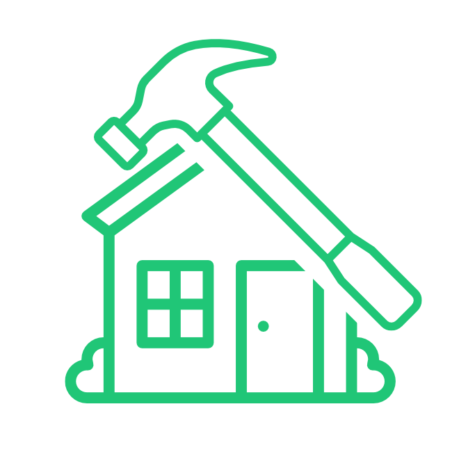 Green line art icon of a house with a hammer, symbolizing fix and flip loans for renovators