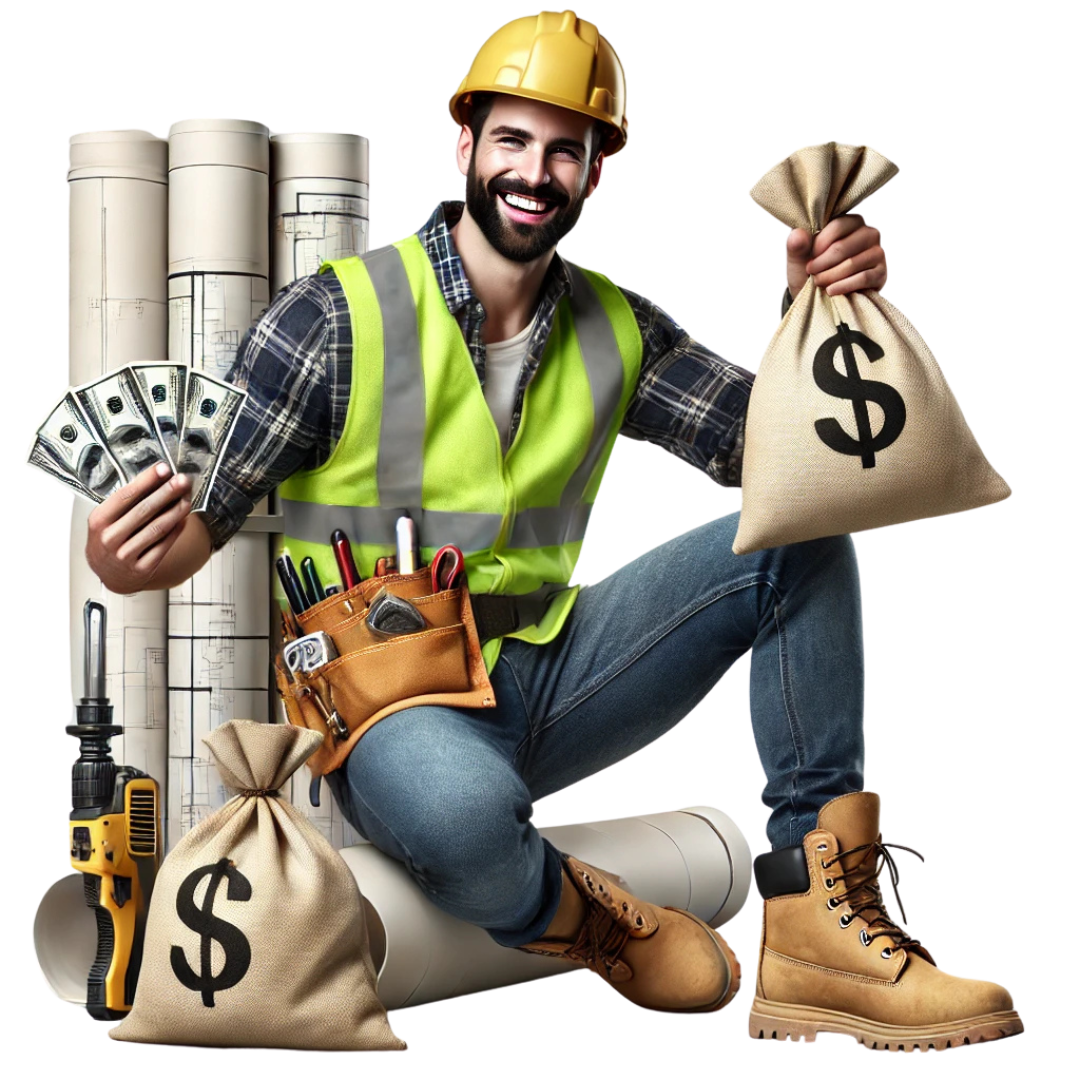 Happy builder in front of new residential construction, holding blueprints and funding bags