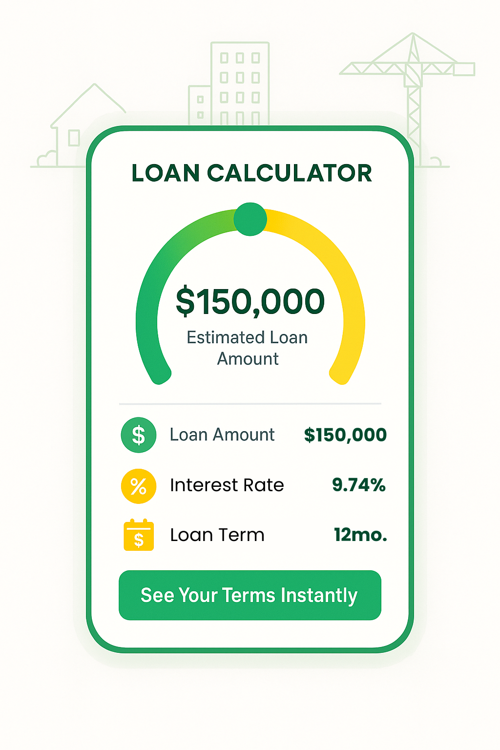Loan calculator infographic showing estimated loan amount, rate, and term for real estate investors