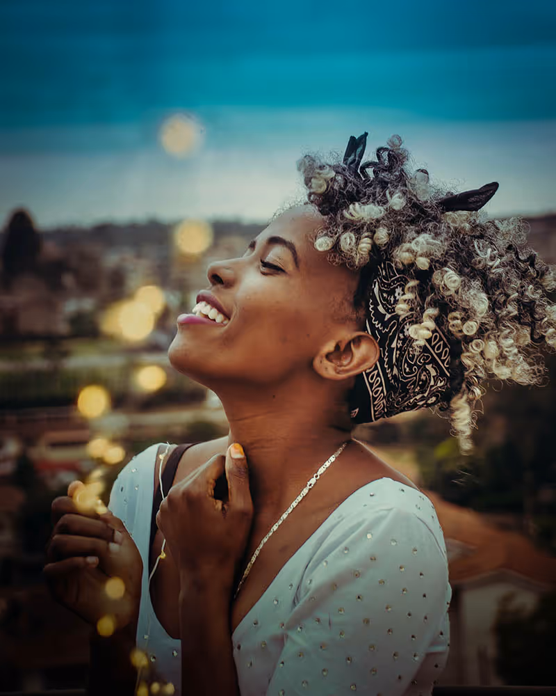 A woman smiling