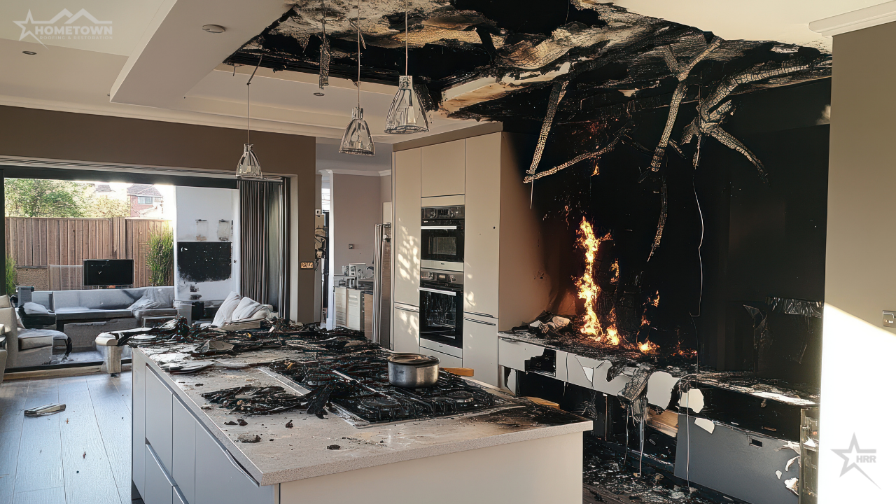 Kitchen fire damage. Fire damage service, Hometown roofing & restoration